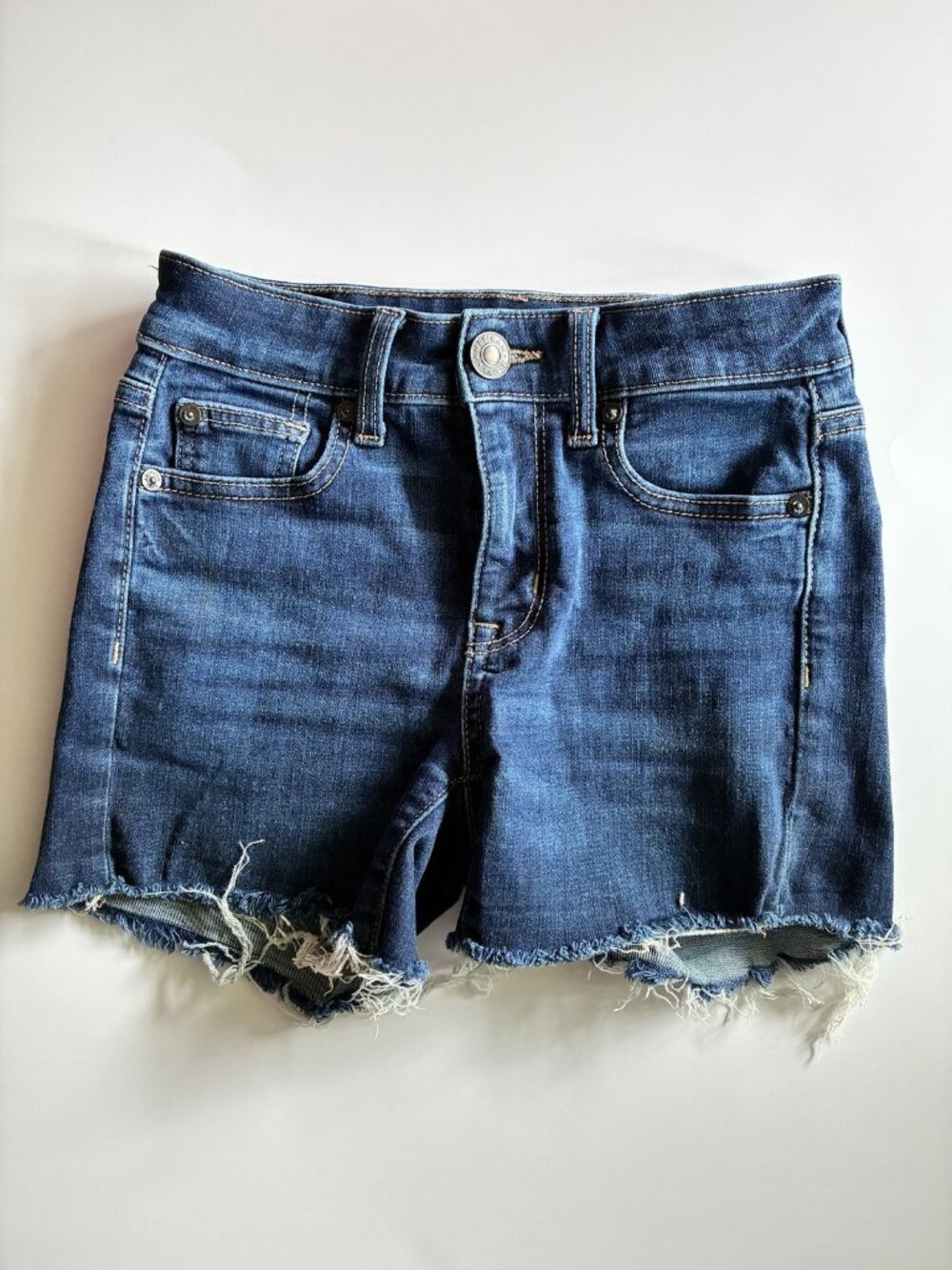 American Eagle Hi Rise Shortie Denim Shorts Womens 000 Blue Raw Hem Stretch